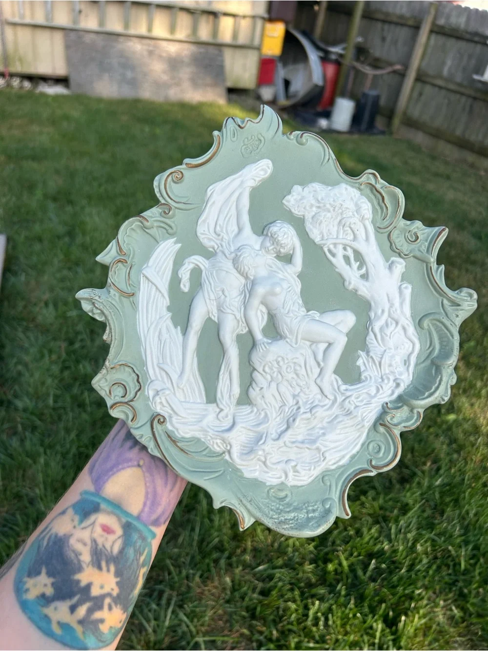 Volkstedt Jasperware Plaque: Kissing Lovers, Germany -Cherubs  Flowers vintage